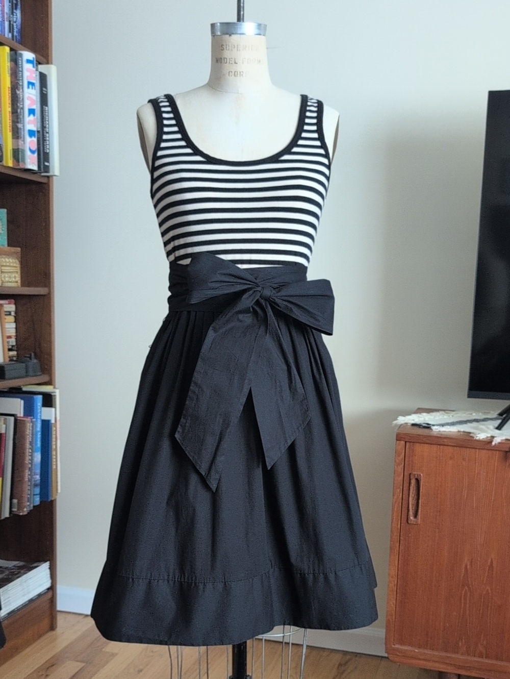 DKNYC Black and White Striped Midi Dress with Waist Bow